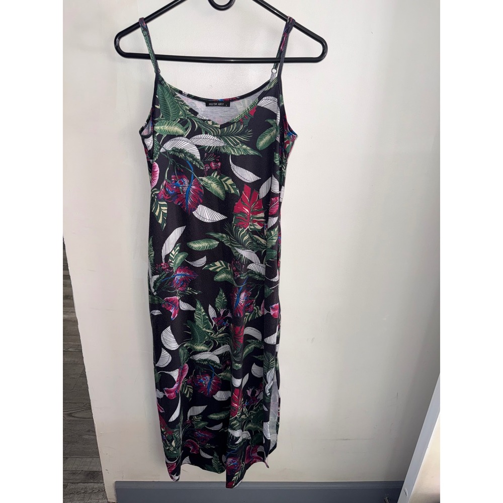 Huskary Womens Tropical Floral Maxi Dress Black Green V-Neck Side Slit Small